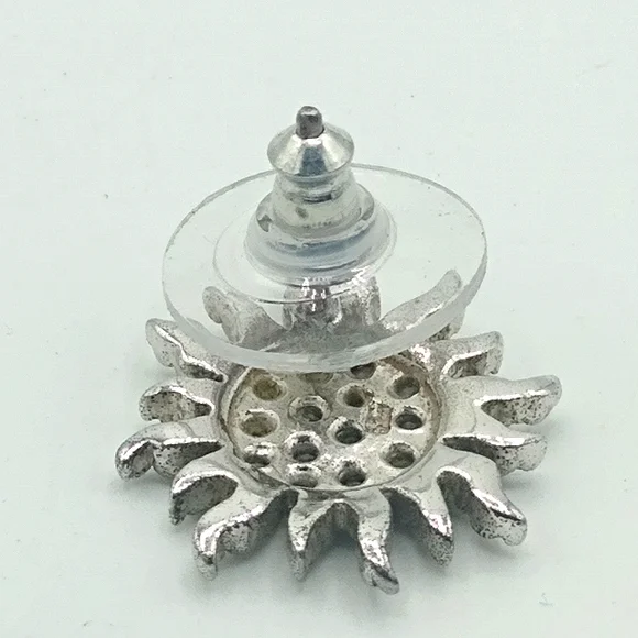 Silver Stamped S25 Starburst Sunburst Snowflake Rhinestone Post Back Earrings - Picture 6 of 7